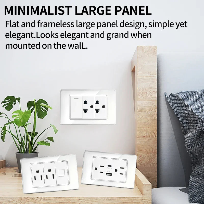 T&I US Standard 118 Wall Outlet with Switch, Tempered Glass Panel, USB and Type-C Charging Ports