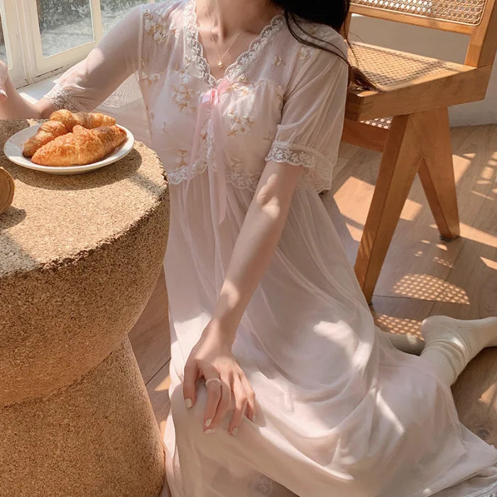 Lace Modal Mesh Summer Night Dress Woman Court Princess Nightdress Loungewear Sleepwear Women's Nightgowns Homewear Nightwear