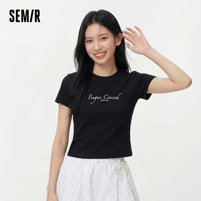 Semir Women Tshirt Slim Standard Shoulder Letter Print Crew Neck 2026 Summer Fashion Casual Style Soft Lightweight Daily Top