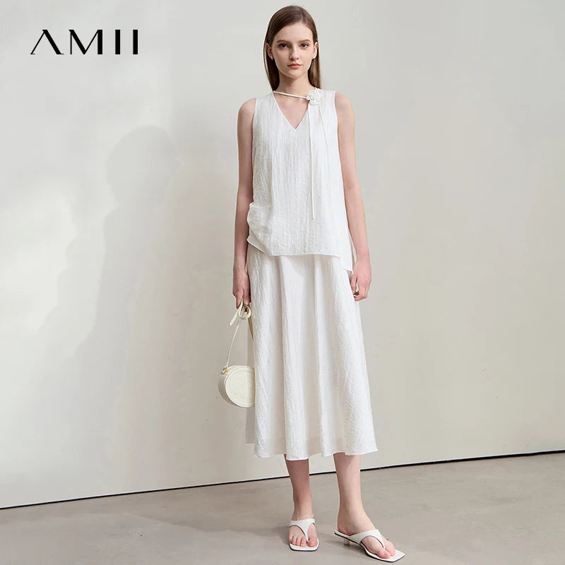 រ៉ូប Amii Minimalism សម្រាប់នារី រដូវក្តៅ ឆ្នាំ២០២៥ រ៉ូបការិយាល័យថ្មី រចនាបទបែប Bandeau រាងអក្សរ A រ៉ូបផ្កា រ៉ូបវែង 12542234