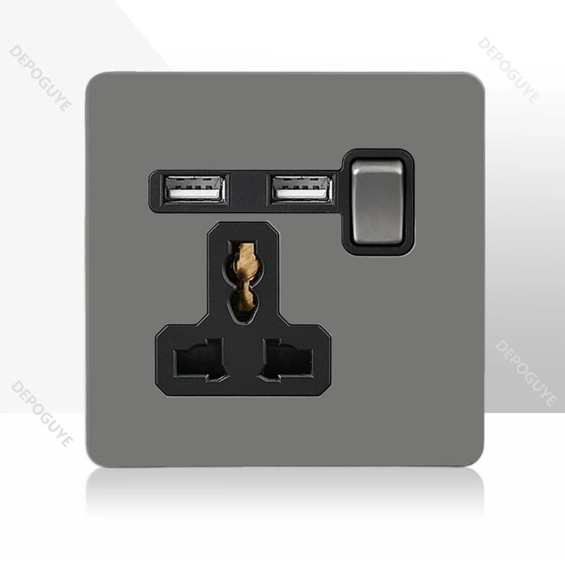 Retro Toggle Switch 1-4 Gang 2 Way Light Switch,EU French Plug Power Outlet Socket With Dual USB Stainless Steel Panel 86 Type