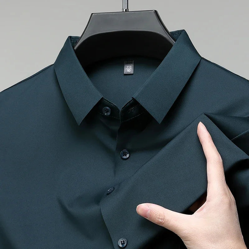 New Men's Business Casual Solid Color Short Sleeved Shirt for Summer Fashion No Ironing Comfortable and Versatile Top