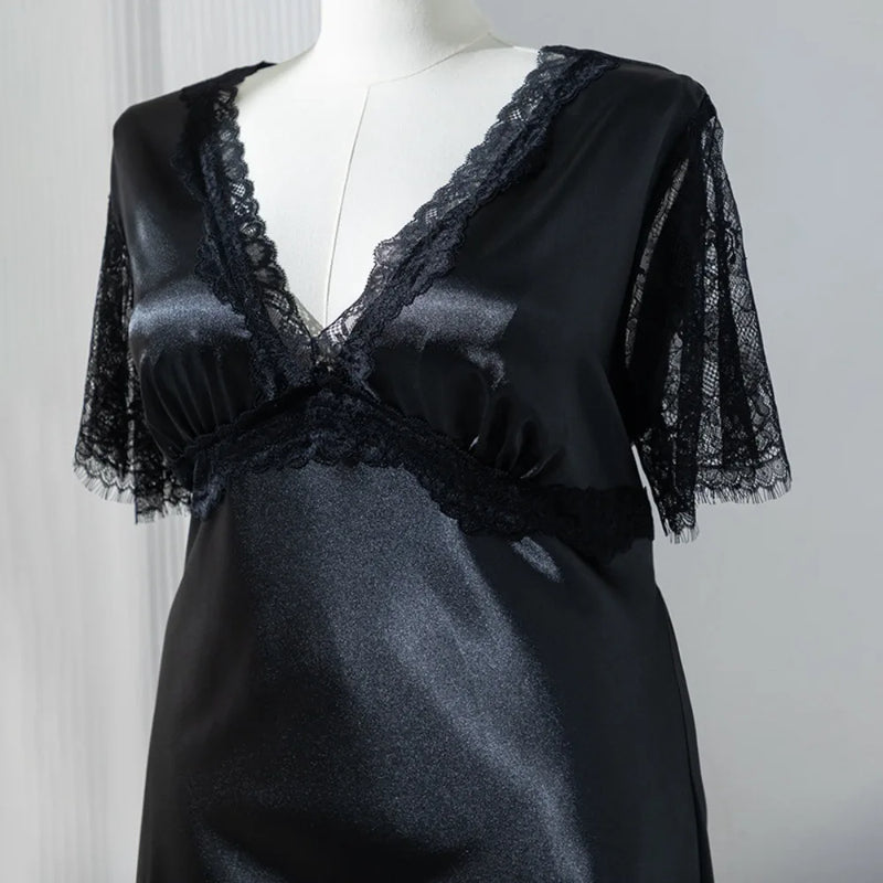 Solid Color Night Dress Nightgown Women Sleepwear Summer Pajama Dress Short Sleeve Black Women's Nightdress Sexy V Neck Nightie