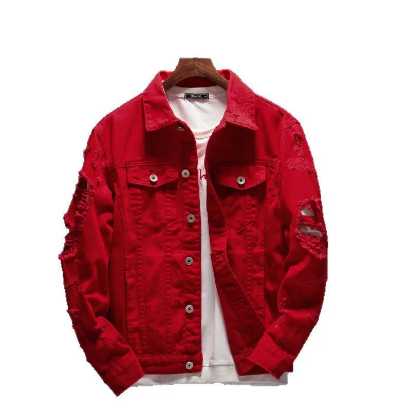 Men's Red Long-sleeve Jacket for Spring and Fall; Black Denim Coats with A Turn-down Collar, Available in Orange, White, Pink.