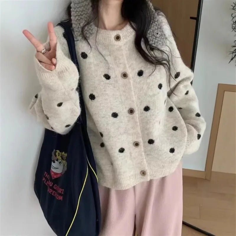 New Jersey For Women Spring Autumn Korean Sweaters & Jumpers Short Woolen Coat Polka Dot Woman Clothing Knitwear Female Jacket