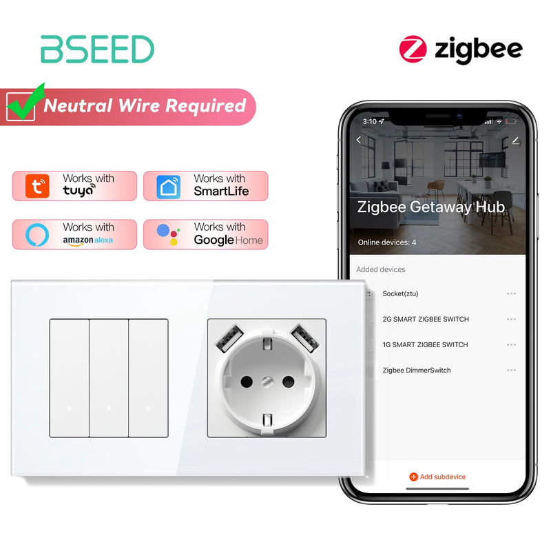 BSEED Zigbee Light Switch 1/2/3Gang 2Way Smart Click Button Switch Glass Panel White LED Indicator Tuya Smart Life Alexa Control