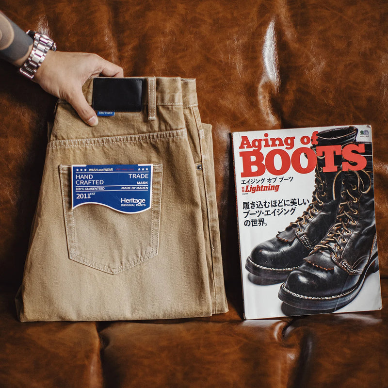 ខោខូវប៊យ Maden បុរស Vintage 13.8oz លាងសម្អាត Selvedge Denim ខោ Khaki Chino Tapered ខោរលុងសម្រាប់រដូវផ្ការីករដូវស្លឹកឈើជ្រុះ