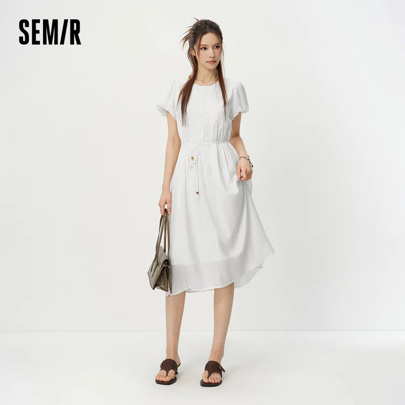 Semir Women Dress Puff Sleeve Waist Cinching Textured Maxi Elegant Vacation White 2026 Summer Romantic Style Top