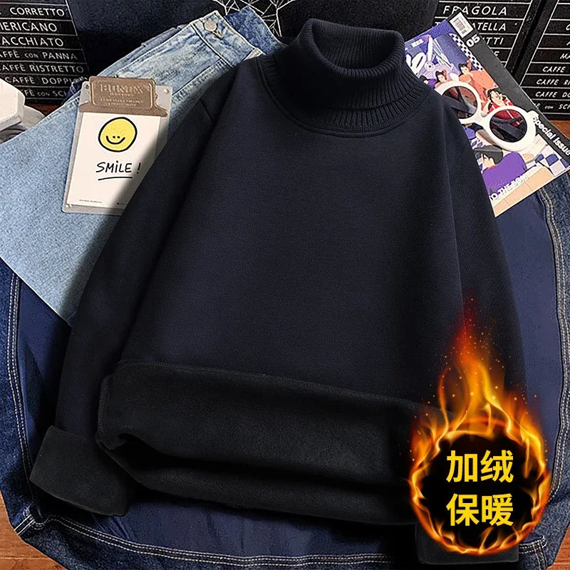 Winter Thermal Base Layer Men High Collar Knitted Pullover Full Fleece Lined Soft Long Sleeve Daily Commute Sweater