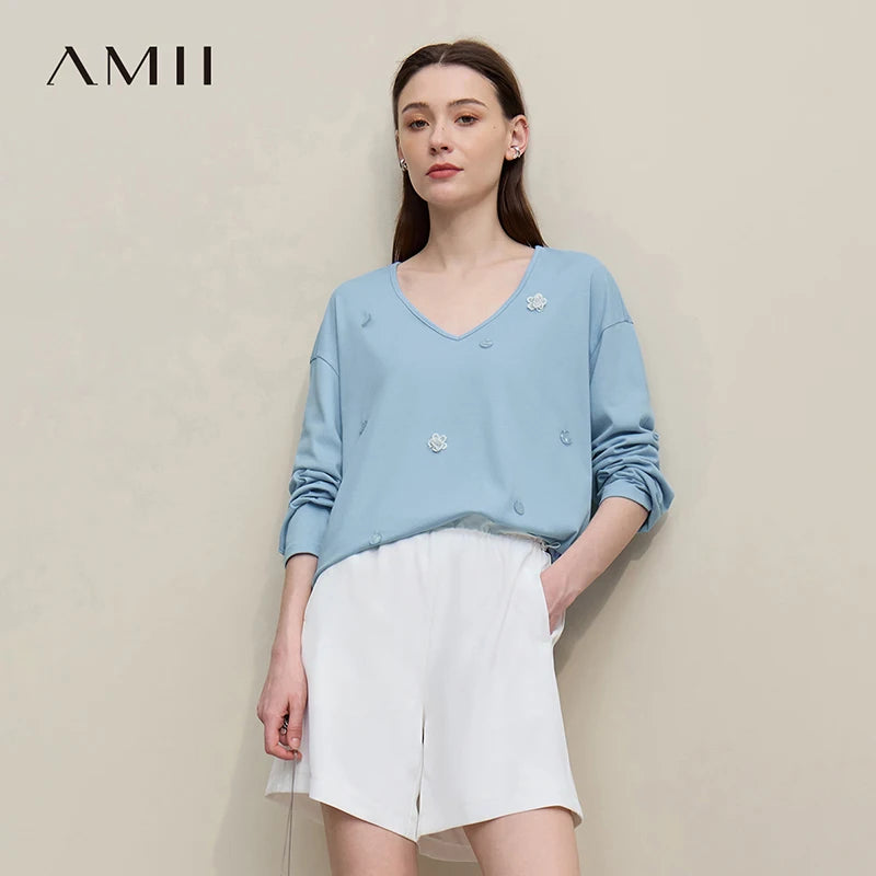 អាវយឺត Amii សម្រាប់នារី រដូវស្លឹកឈើជ្រុះ ឆ្នាំ២០២៦ ថ្មី ក V ស្មាធ្លាក់ អាវយឺតកប្បាស តុបតែងលម្អដោយអង្កាំ ដៃវែងរលុង សម្រាប់នារី 12612042