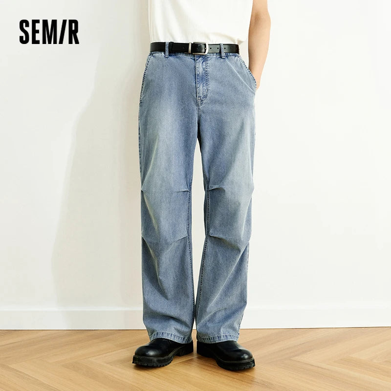 Semir Men Jeans Pleated 2026 Loose Fit Straight Lightweight Washed Urban Casual Everyday Style Soft Comfortable Daily Wear