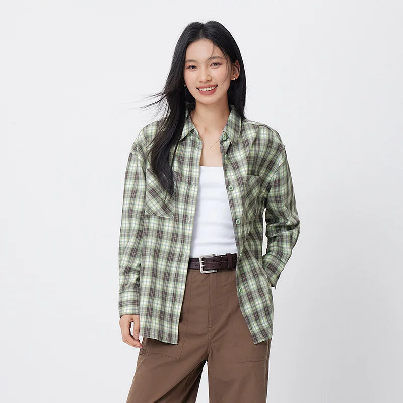 Semir Vintage Shirt Women Long Sleeve Mid Length Red Plaid Top Loose Casual Fashion Blouse 2026 Spring Stylish Outerwear