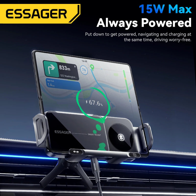 ឆ្នាំងសាកឥតខ្សែ Essager Fold Screen Car Wireless Charger 15W សម្រាប់ Samsung Galaxy Z Fold 6 5 Note 20 10 9 8 Dual Coil Rotatable Car Holder