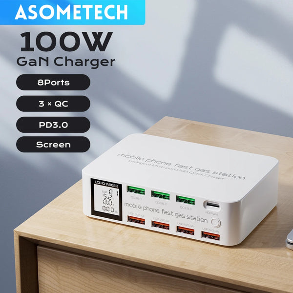 ឆ្នាំងសាក USB C 8 រន្ធ សាកលឿន QC3.0 PD3.0 ពហុ USB LCD អេក្រង់ឌីជីថល ស្ថានីយ៍សាកថ្មសម្រាប់ iPhone 17 16 Android