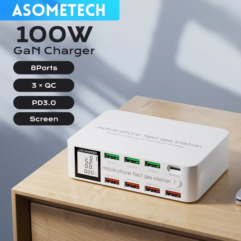 ឆ្នាំងសាក USB C 8 រន្ធ សាកលឿន QC3.0 PD3.0 ពហុ USB LCD អេក្រង់ឌីជីថល ស្ថានីយ៍សាកថ្មសម្រាប់ iPhone 17 16 Android