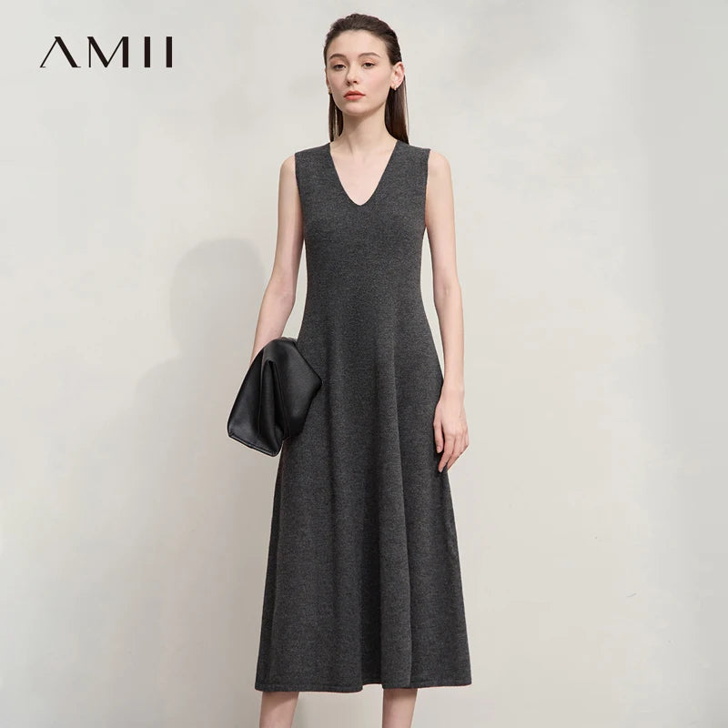 AMII Womens Dresses 2026 Autumn New Casual Elegant Ladies Clothing V-neck Sleeveless Knitted A-shaped Dresses For Woman 12543159