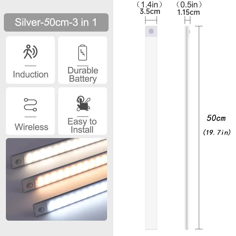 10-60CM Motion Sensor LED Night Light Wireless USB Rechargeable Under Cabinet Lights Ultra Thin Long Bar Lamp Kitchen Bedside