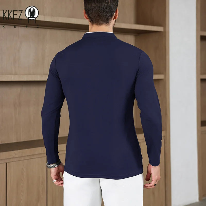 2025 New Men's Casual and Fashionable Solid Color Long Sleeved Stand Up Collar T-shirt Summer Versatile and Comfortable Top