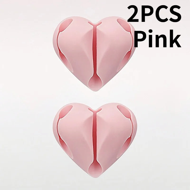 2PCS Self-Adhesive Heart-Shaped Cable Organizer,Phone Charging Line Holder,for Desks, Nightstands,Offices.3-hole design