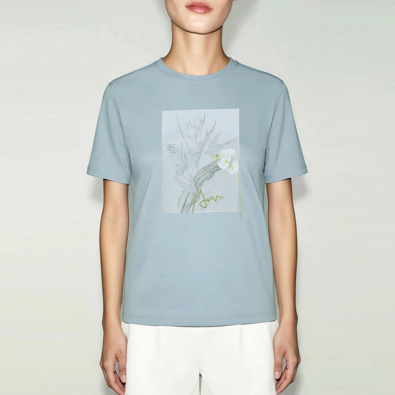 Amii Women's Short Sleeve T-shirt 2026 Summer New Letter Embroidered O-Neck Printed Cotton Stretch T-Shirt Casual Top 12622138