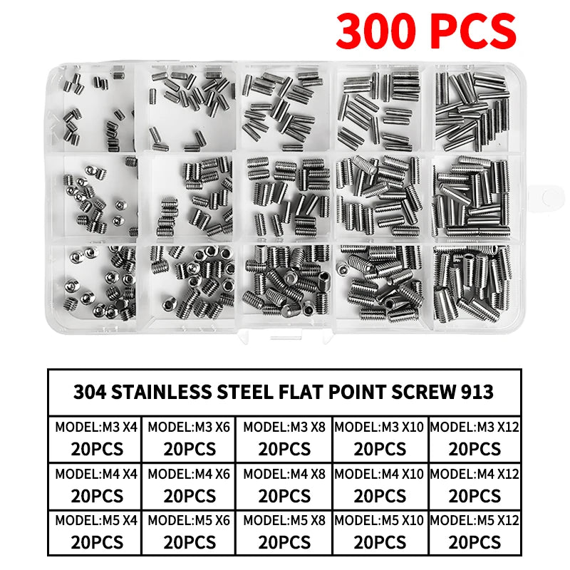 M3-M10 DIN913 Black Steel 304 Stainless Steel Hex Hexagon Socket Allen Flat Point Set Screw Grub Bolt Assortment Kit