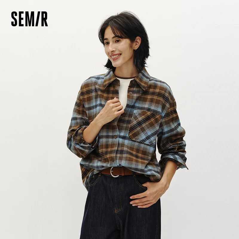 Semir Women Winter Shirt Mid Length Brushed Fabric Cotton Plaid Loose Fit Vintage Style 2026 New Winter Daily Wear