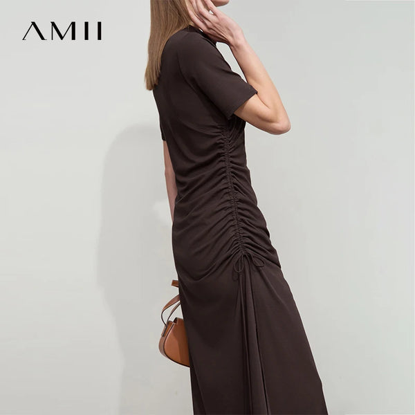 រ៉ូប AMII ស្លីម កអាវប៉ូឡូ រឹង រដូវក្តៅ ឆ្នាំ២០២៦ សម្រាប់នារីសាមញ្ញ ប៉ាក់ លាត ការិយាល័យ រ៉ូបចង្កេះរាងអក្សរ A ដៃខ្លី 12542076