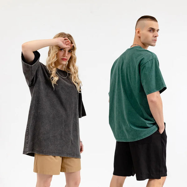 American Style Retro Washed Snowflake Short Sleeve round Neck T-Shirt Large Size Bleach Stain  Heavyweight Summer Top