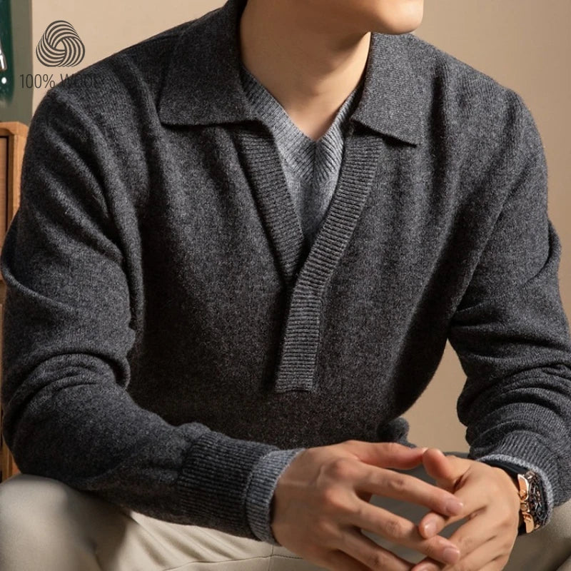 Men's Faux Two-Layer Sweater, 100% Wool 500g, Turn-Down Collar, Old Money Loose Fit Gold Standard Craft