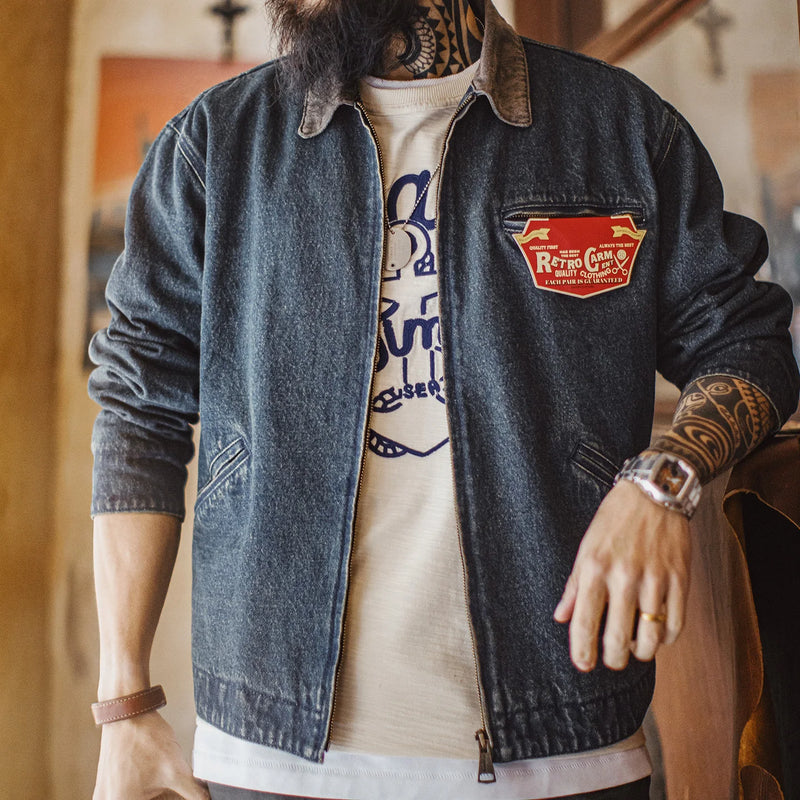 Maden Men's Vintage 10.5oz Detroit Denim Jacket Short Heavyweight Safari Coat Casual Lapel Collar Outerwear for Spring and Fall