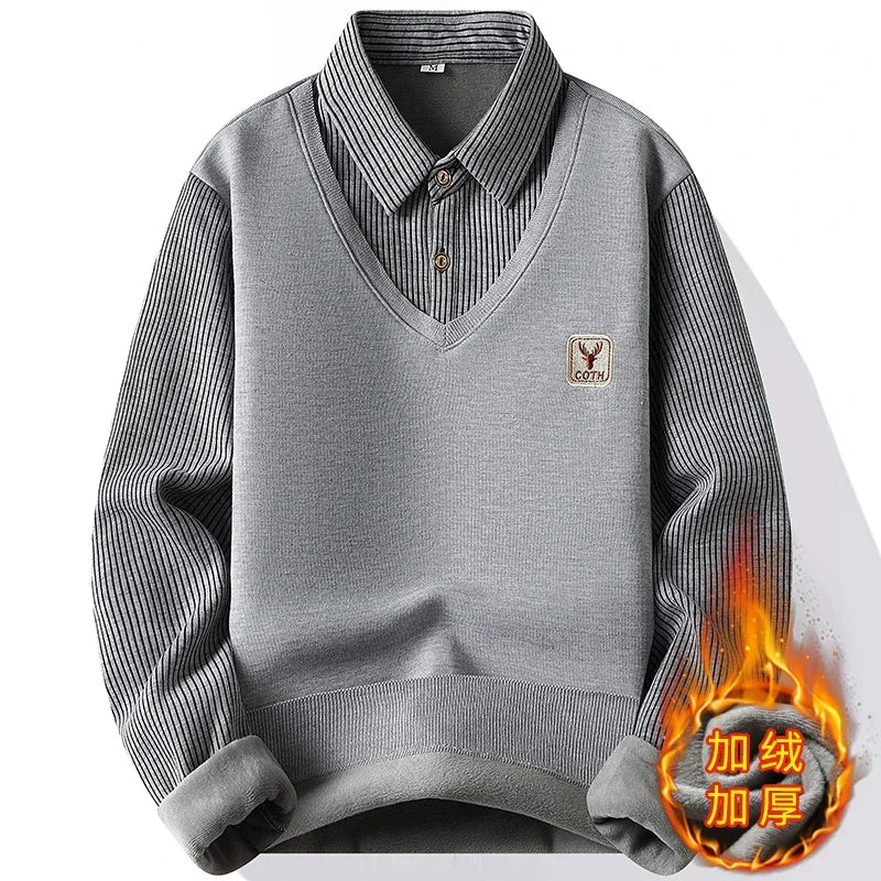 Men Daily Wear Knit Pullover Fake Two Piece Design Striped Long Sleeve Lapel Shirt Style V Neck Knitted Sweater