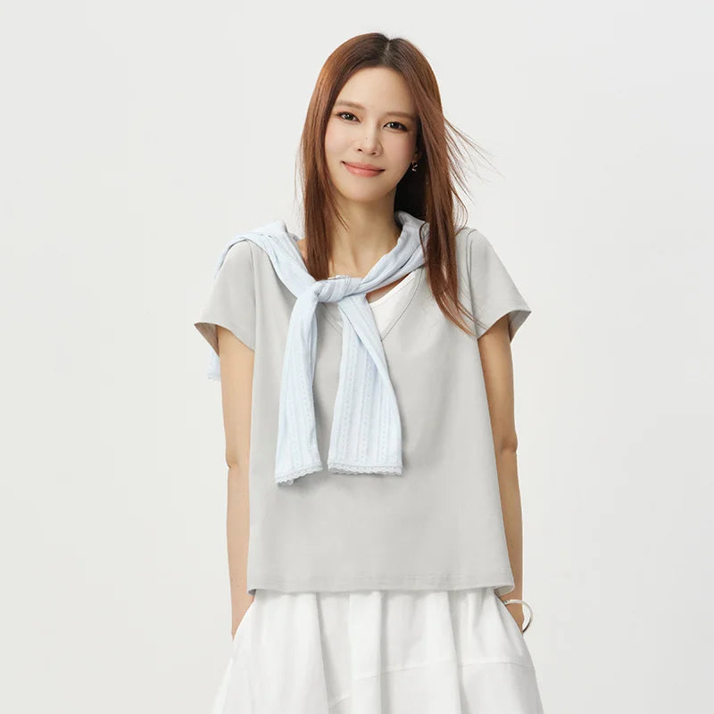 Semir Womens Tshirt 2026 Cotton Linen Fake Two Piece Color Block U Neck Elegant Simple Casual