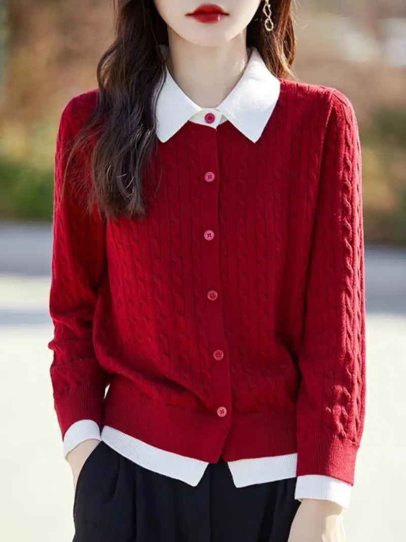 New Korean Woolen Long Sleeve Tops Female Lapel Shirt Spring Autumn Cardigan Women's Sweater Jacket Buttons Knitwear Coat
