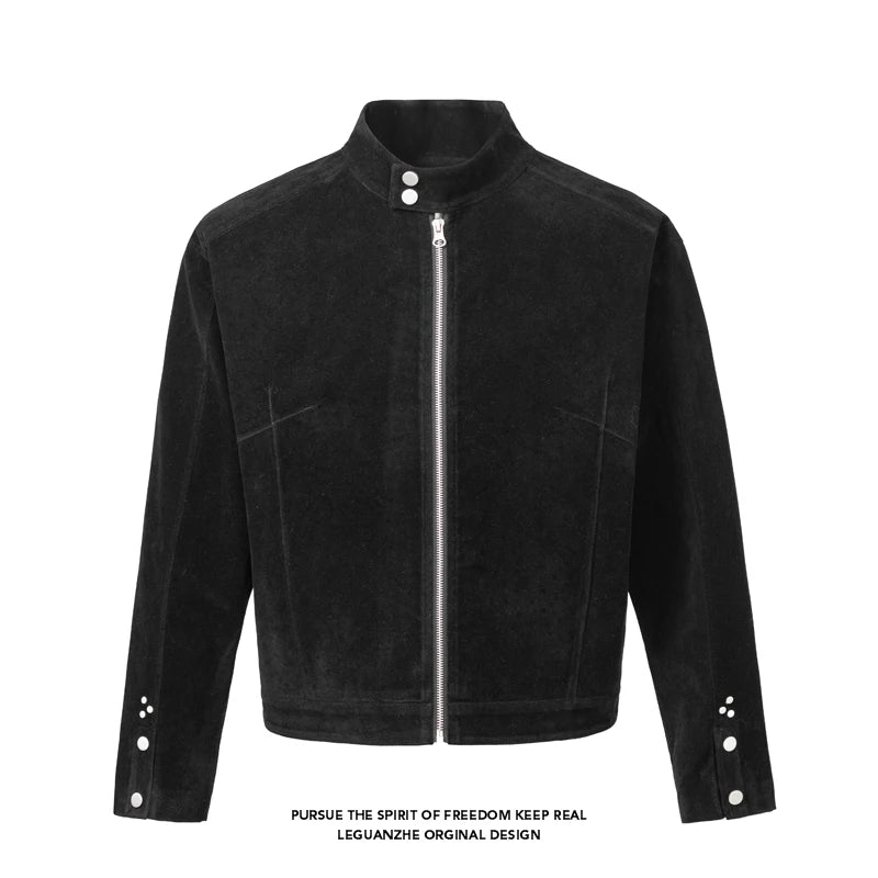 Men's Retro Suede Jacket Vintage Stand Up Collar Zip Up Biker Jacket |Y2K High Street Loose Fit Short Coat Casual Daily Wear