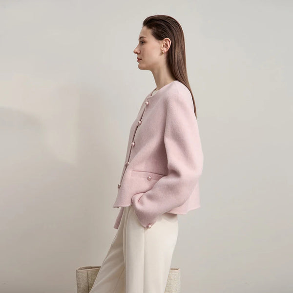 AMII Short Coat 2025 Winter Minimalist Round Neck Wool Solid Women's Warm Elegance Long-sleeved Loose Women's Jacket 12524041