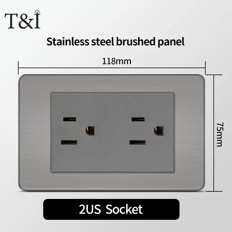 T&I 118 Premium Stainless Steel Brushed Wall Socket with USB Type - C, US Switch, Thai Plug for Home & Office Use