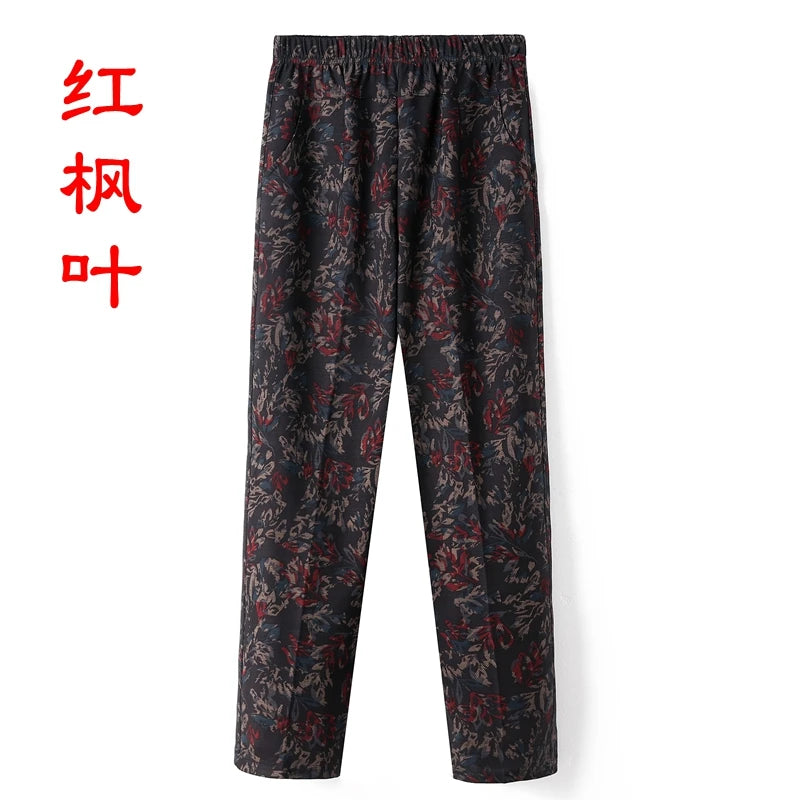 ខោស្ត្រីវ័យកណ្តាលទំហំ ៨XL ៩XL បោះពុម្ពថ្មី ចង្កេះខ្ពស់ ខោធម្មតា ខោនិទាឃរដូវ និងរដូវស្លឹកឈើជ្រុះ ខោត្រង់ ទំហំធំ យាយប៉ា