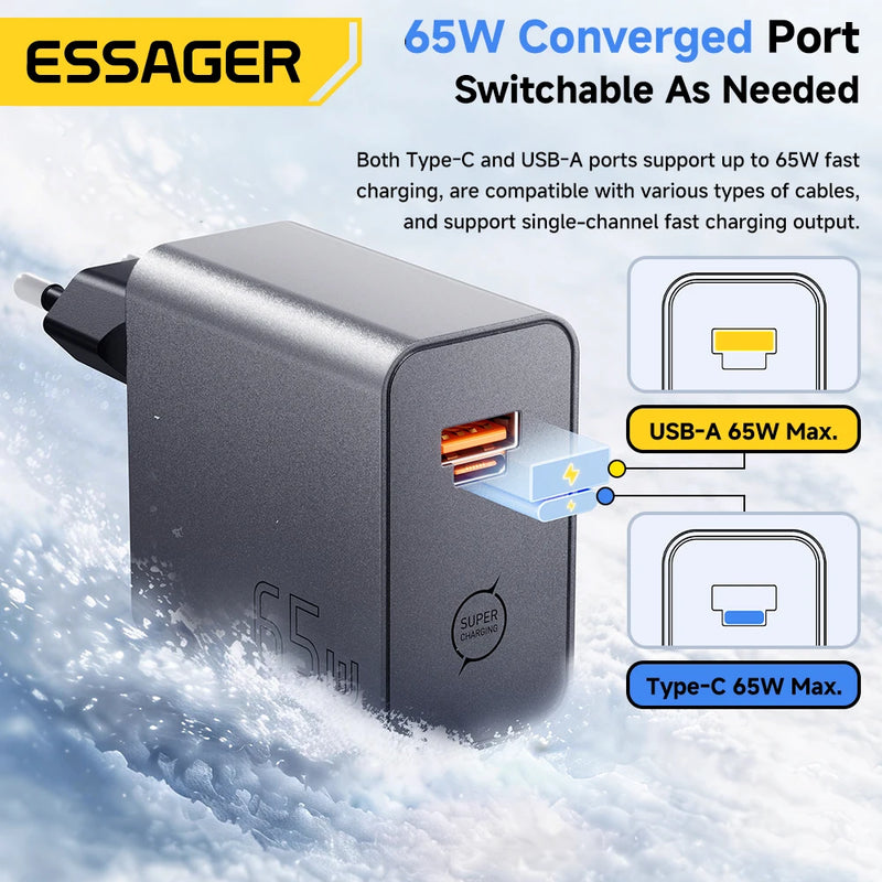 ឆ្នាំងសាក ESSAGER 65W GaN PD3.0 PPS QC4.0 ឆបគ្នាយ៉ាងពេញលេញសម្រាប់ iPhone 17 16 Samsung S26 MacBook Air Huawei Laptop PD Fast Charger