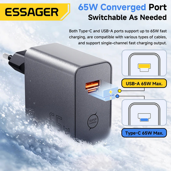 ឆ្នាំងសាក ESSAGER 65W GaN 2 ក្នុង 1 USB Type C ឆ្នាំងសាកដែលឆបគ្នាយ៉ាងពេញលេញ សាកថ្មលឿនសម្រាប់ iPhone 17 Samsung S26 MacBook Huawei កុំព្យូទ័រយួរដៃ