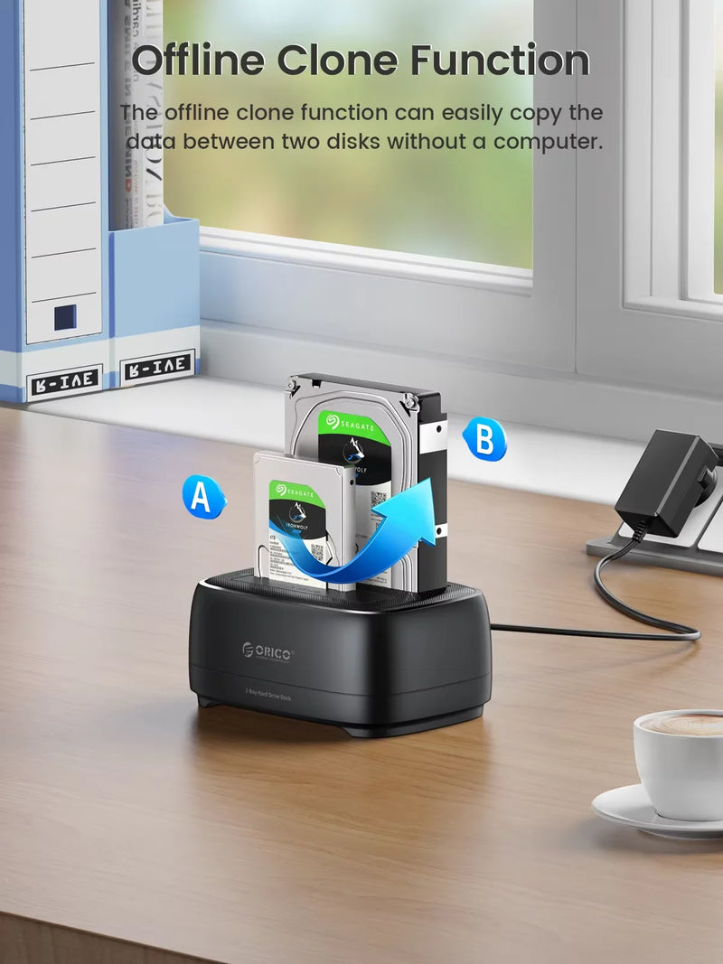 ORICO Offline Clone Hard Drive Docking Station USB3.0 & Type-C 5Gbps Dual-bay Hard Disk Enclosure 2.5/3.5 Inch HDD/SSD