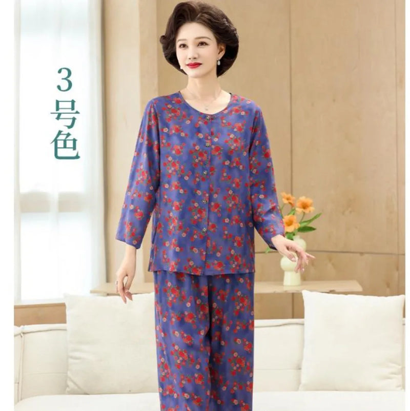 Middle-aged XL-4XL LARGE Home Wear Nightwear for Women Pajamas Floral Spring New Long Sleeve Pyjamas Set Woman Night Clothes