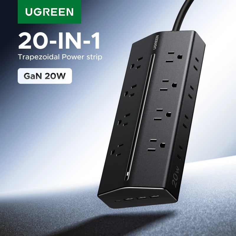 UGREEN Fast Charger 20W Power Strip 16 AC Outlets 1 USB-C 3 USB-A US Plug Extension Adapter For Tablet Phone Overload Protection