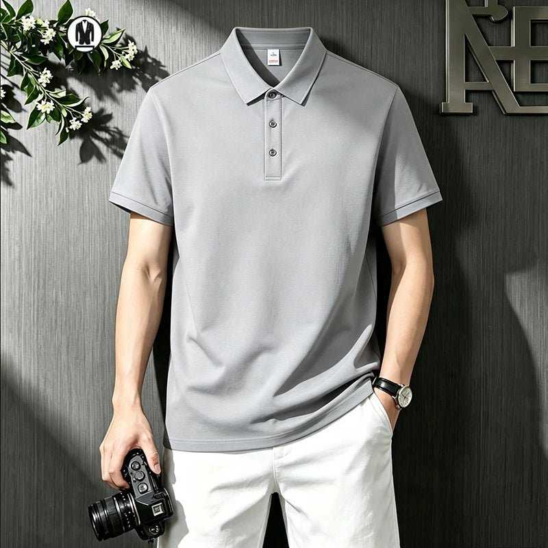 Loose Fit Short Sleeve Solid Polo For Males Turn Down Collar Button Placket Streetwear Simple Casual Wear Top