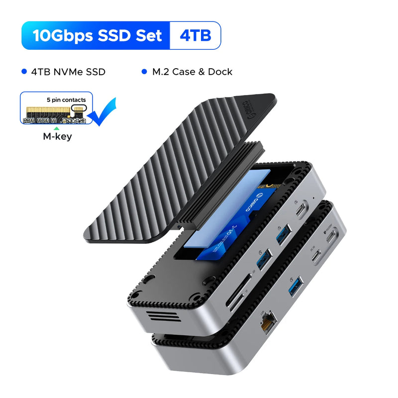 ORICO M2P7 USB C HUB with Cooling Fan M.2 NVMe SATA SSD Enclosure External 10Gbps HDMI-Com RJ45 SDTF Docking Station