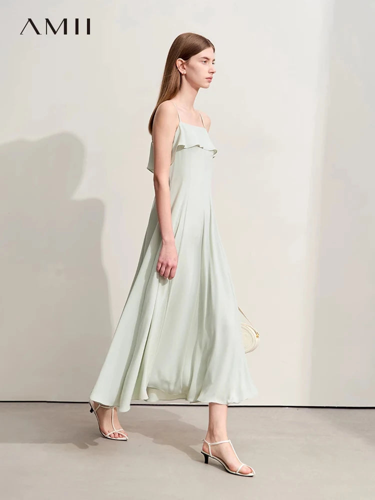 Amii Minimalism Dresses for Women 2026 Summer New Solid Long Large A-line Swing Thin Chiffon Halter Slim Trendy Dress 12442096