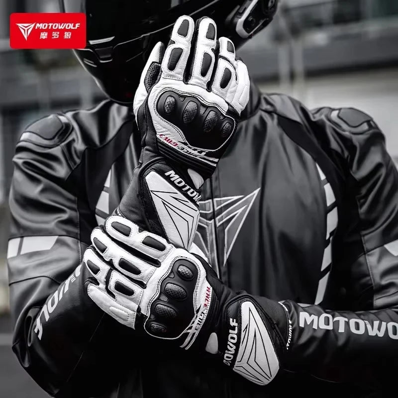 ស្រោមដៃម៉ូតូ Motowolf ស្បែកពិតប្រាកដ GM3 សម្រាប់បុរស ធន់នឹងខ្យល់ អេក្រង់ប៉ះ កំណែវែង សម្រាប់ជិះម៉ូតូ Dirt Bike Motocross Racing