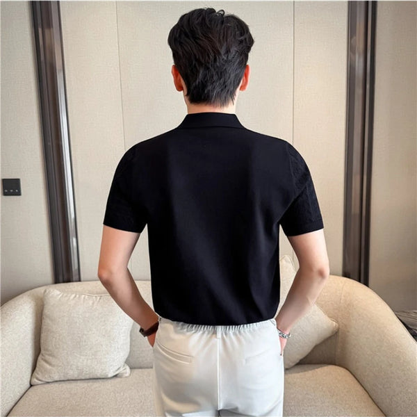 Men's Quarter Zip Polo Shirt Short Sleeve Knitted Ice Silk T-Shirt Slim Fit Casual Business Gentleman Top with Hollow Design