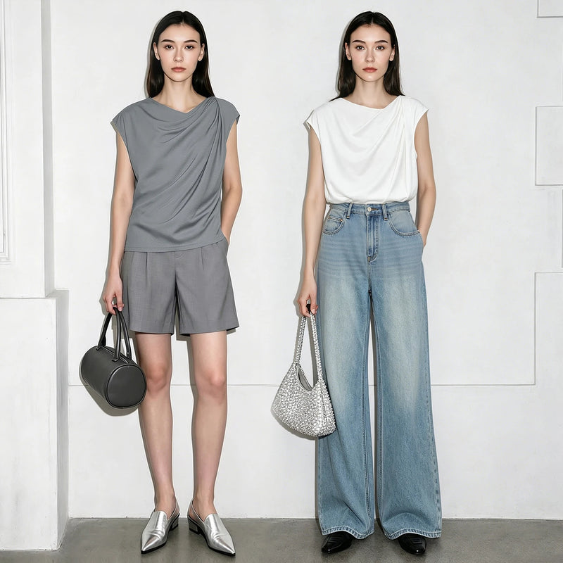 Amii Off Shoulder Women's T-Shirt 2026 Summer New Cap Sleeve Asymmetric Pleated Top Simple Office Casual Tee For Women 12622118