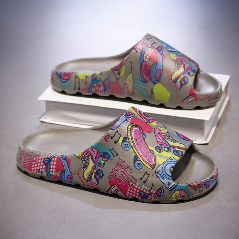 Hip Hop Music Graffiti Printed Slide Sandals Soft Cushioned EVA Cloud Slides Indoor Outdoor Beach Shower Slippers Big Size