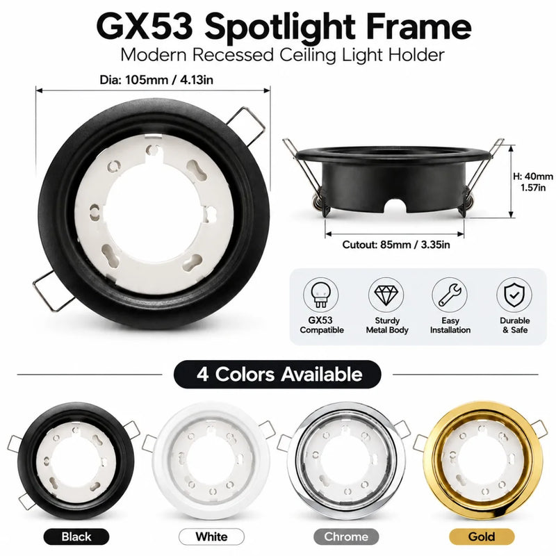 ចង្កៀងពិដាន JOYINLED 1/2/6PCS GX53 LED Downlight ស៊ុមសម្រាប់ដាក់ចង្កៀងពិដានរាងមូល ទំហំ 105mm សម្រាប់ដាក់ចង្កៀង ពណ៌ខ្មៅ